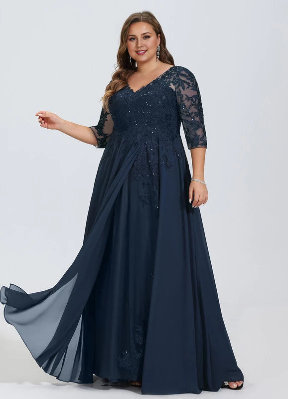 Dark Navy Chiffon Floor-Length Evening Dress with V-Neck, Lace Bodice, and Layered Split Skirt