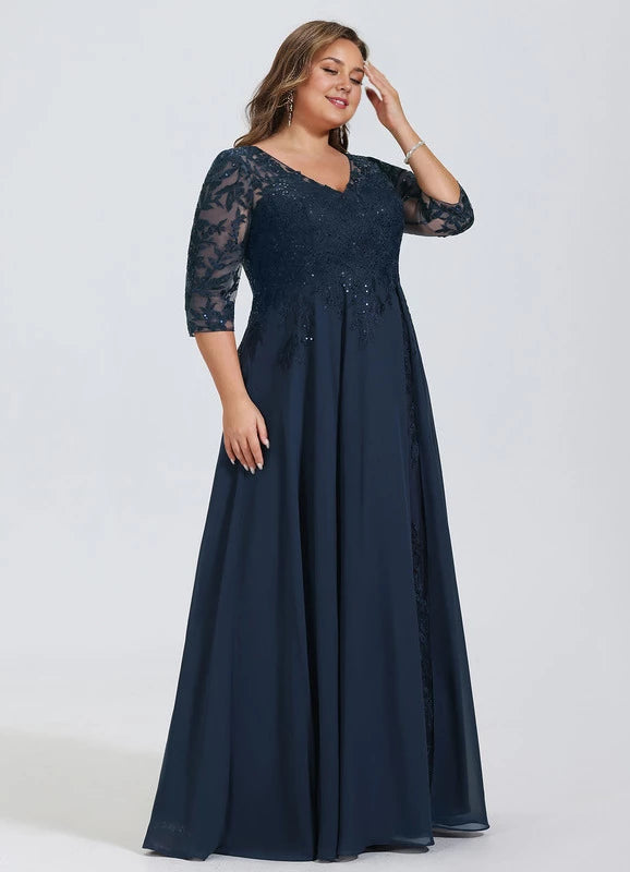 Dark Navy Chiffon Floor-Length Evening Dress with V-Neck, Lace Bodice, and Layered Split Skirt