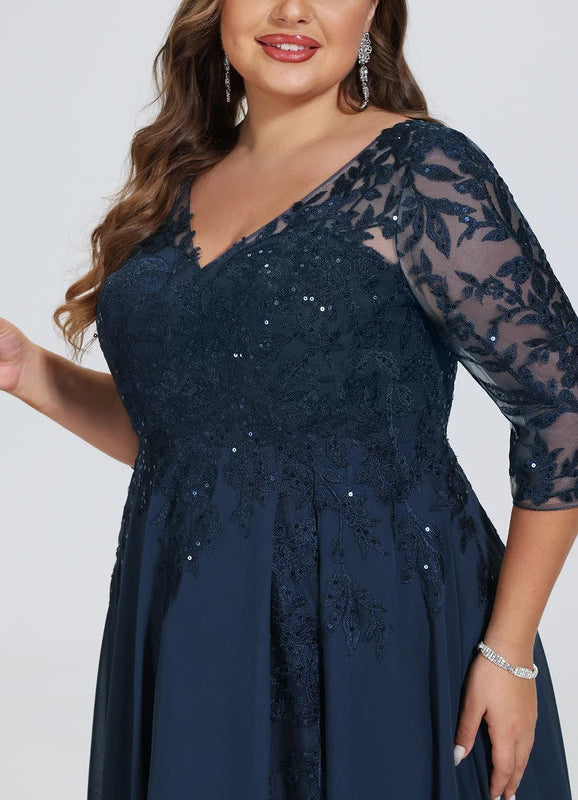 Dark Navy Chiffon Floor-Length Evening Dress with V-Neck, Lace Bodice, and Layered Split Skirt
