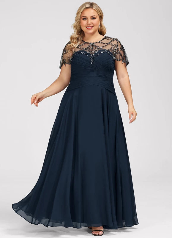 Elegant Plus Size Navy Blue Illusion Neck Beaded Cape Sleeve Floor-Length Mother Of The Bride Dress