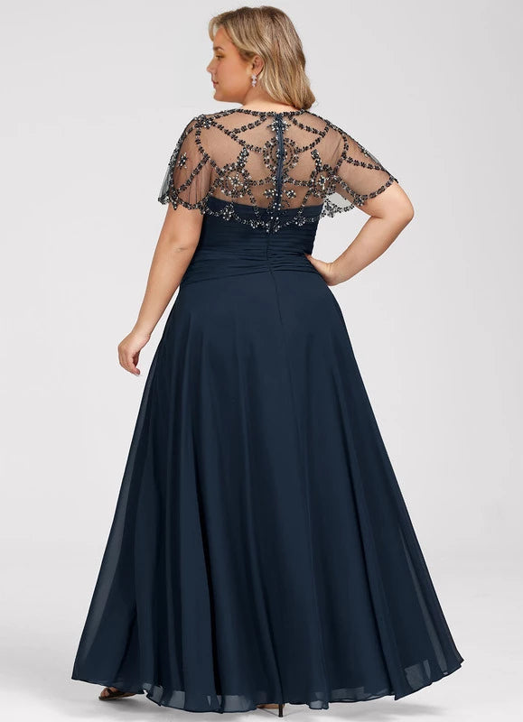 Elegant Plus Size Navy Blue Illusion Neck Beaded Cape Sleeve Floor-Length Mother Of The Bride Dress