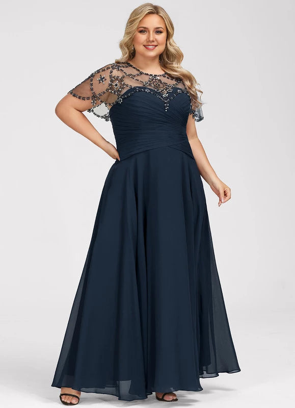Elegant Plus Size Navy Blue Illusion Neck Beaded Cape Sleeve Floor-Length Mother Of The Bride Dress