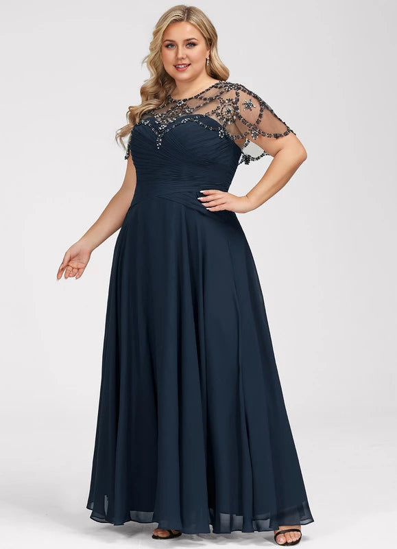 Elegant Plus Size Navy Blue Illusion Neck Beaded Cape Sleeve Floor-Length Mother Of The Bride Dress