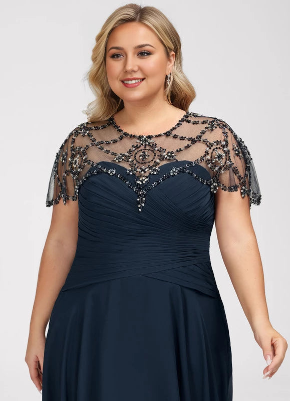 Elegant Plus Size Navy Blue Illusion Neck Beaded Cape Sleeve Floor-Length Mother Of The Bride Dress
