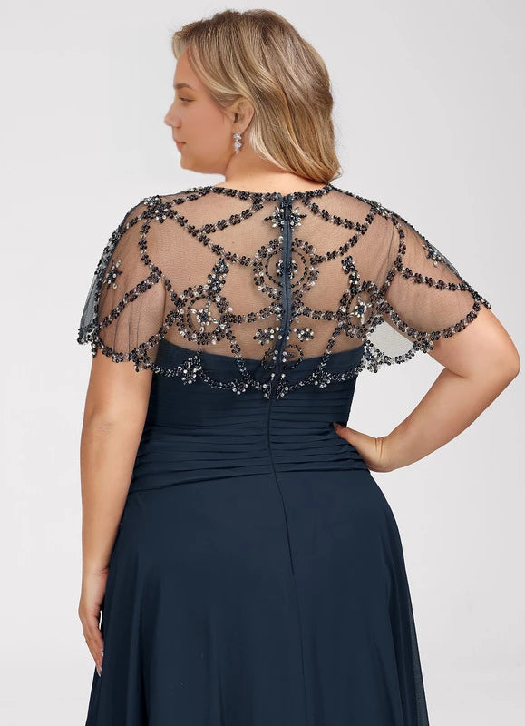 Elegant Plus Size Navy Blue Illusion Neck Beaded Cape Sleeve Floor-Length Mother Of The Bride Dress