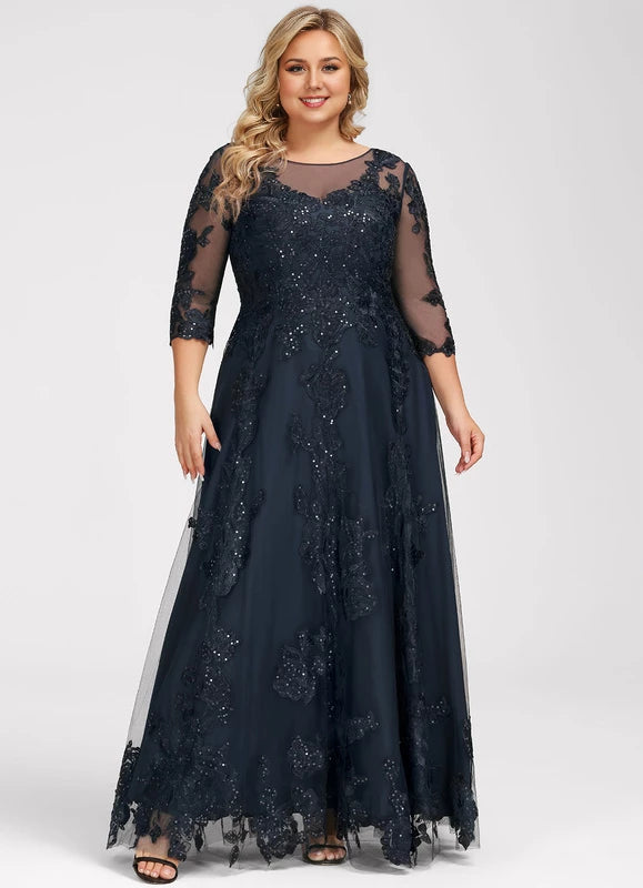 Elegant Plus Size Navy Blue Illusion Neck Lace Applique Sequin Floor-Length Mother Of The Bride Dress