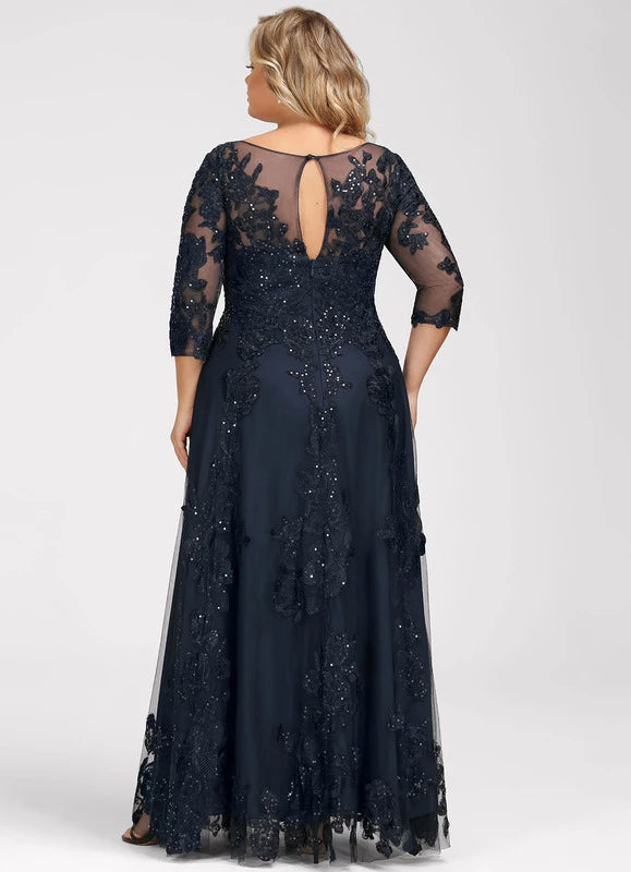 Elegant Plus Size Navy Blue Illusion Neck Lace Applique Sequin Floor-Length Mother Of The Bride Dress