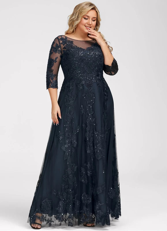 Elegant Plus Size Navy Blue Illusion Neck Lace Applique Sequin Floor-Length Mother Of The Bride Dress