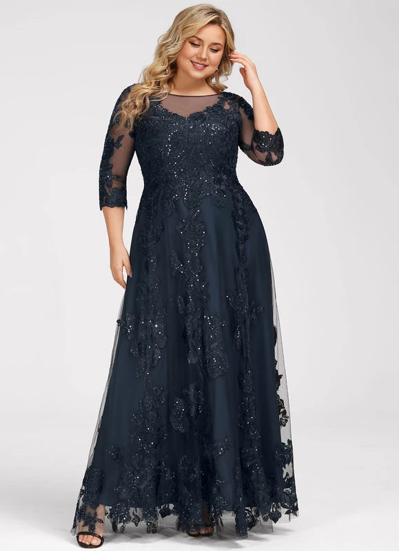 Elegant Plus Size Navy Blue Illusion Neck Lace Applique Sequin Floor-Length Mother Of The Bride Dress
