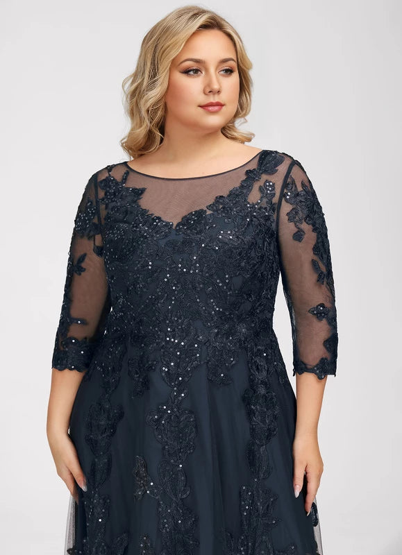 Elegant Plus Size Navy Blue Illusion Neck Lace Applique Sequin Floor-Length Mother Of The Bride Dress