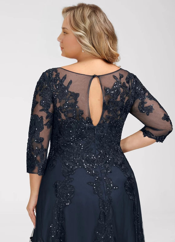 Elegant Plus Size Navy Blue Illusion Neck Lace Applique Sequin Floor-Length Mother Of The Bride Dress