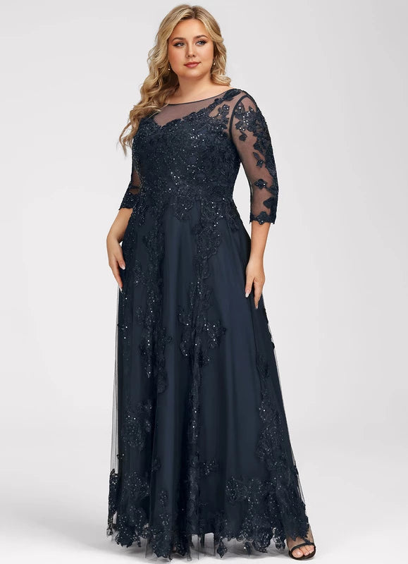 Elegant Plus Size Navy Blue Illusion Neck Lace Applique Sequin Floor-Length Mother Of The Bride Dress
