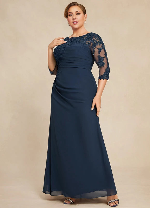 Dark Navy Chiffon A-Line Floor-Length Evening Dress with Lace Bodice and Illusion Sleeves
