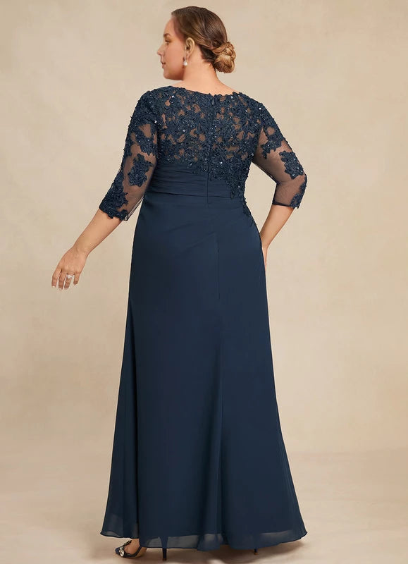 Dark Navy Chiffon A-Line Floor-Length Evening Dress with Lace Bodice and Illusion Sleeves