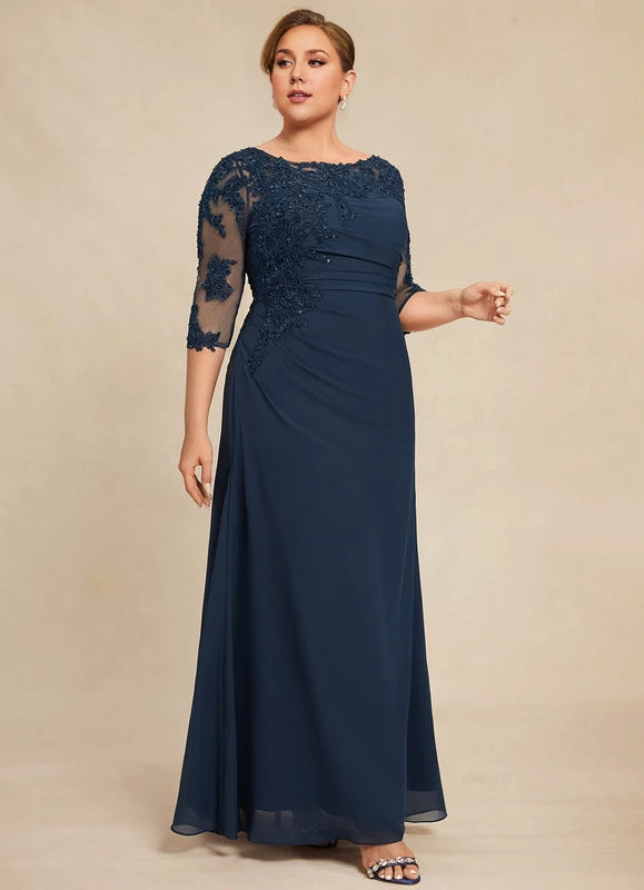 Dark Navy Chiffon A-Line Floor-Length Evening Dress with Lace Bodice and Illusion Sleeves