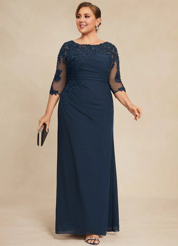 Dark Navy Chiffon A-Line Floor-Length Evening Dress with Lace Bodice and Illusion Sleeves