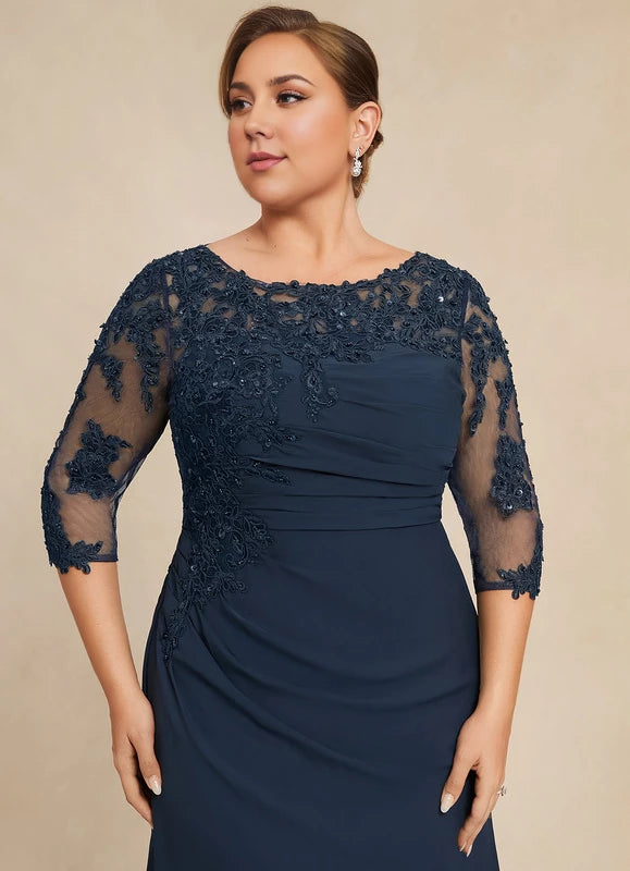 Dark Navy Chiffon A-Line Floor-Length Evening Dress with Lace Bodice and Illusion Sleeves