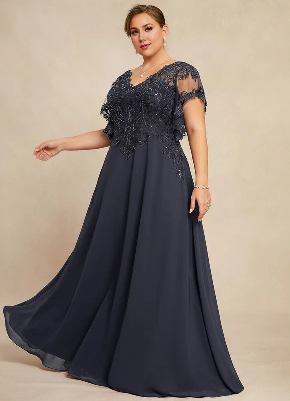 Dark Navy Embellished Lace V-Neck A-Line Floor-Length Evening Dress