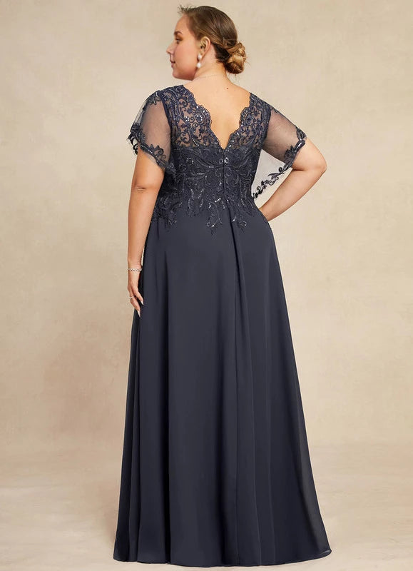 Dark Navy Embellished Lace V-Neck A-Line Floor-Length Evening Dress