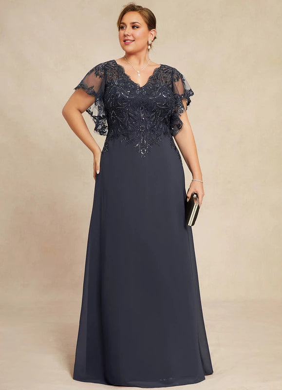 Elegant Plus Size Navy Blue V-Neck Short Sleeve Lace Applique Sequined Floor-Length Mother Of The Bride Dress