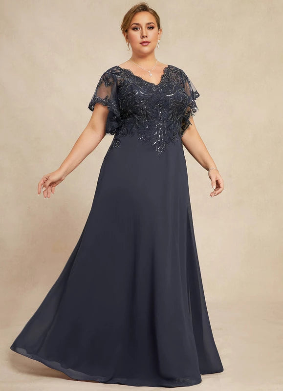 Elegant Plus Size Navy Blue V-Neck Short Sleeve Lace Applique Sequined Floor-Length Mother Of The Bride Dress