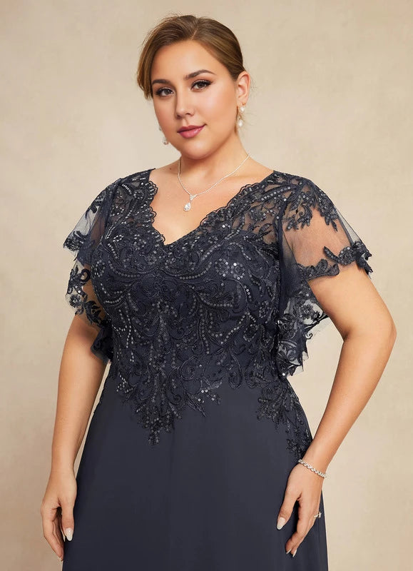 Elegant Plus Size Navy Blue V-Neck Short Sleeve Lace Applique Sequined Floor-Length Mother Of The Bride Dress