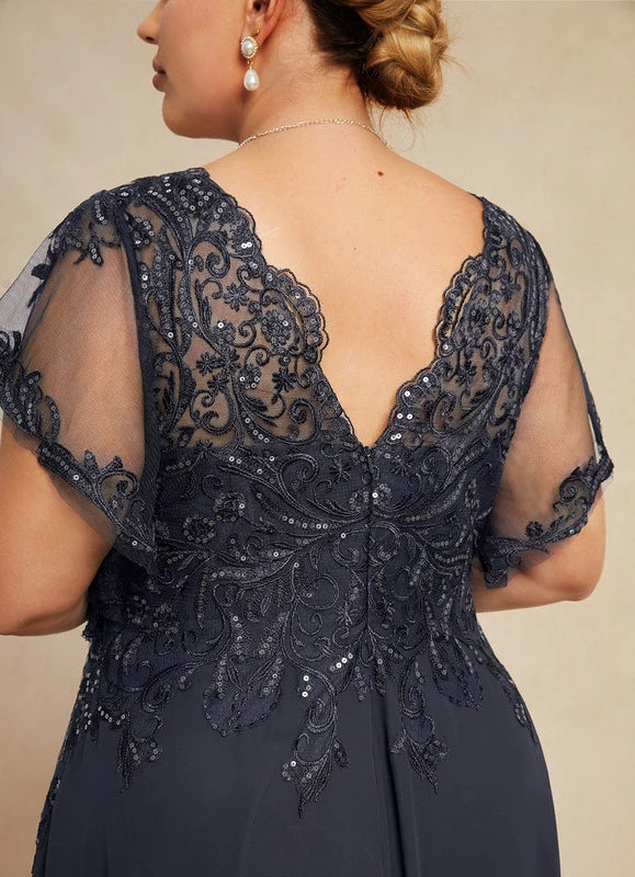 Elegant Plus Size Navy Blue V-Neck Short Sleeve Lace Applique Sequined Floor-Length Mother Of The Bride Dress