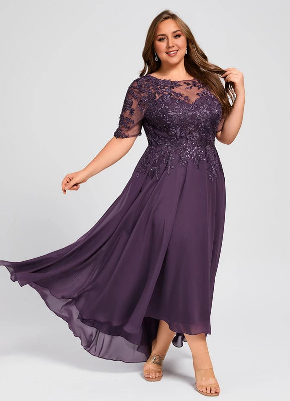 Elegant Plus Size Purple 1/2 Sleeve Lace Applique Asymmetrical Hem Mother Of The Bride Dress