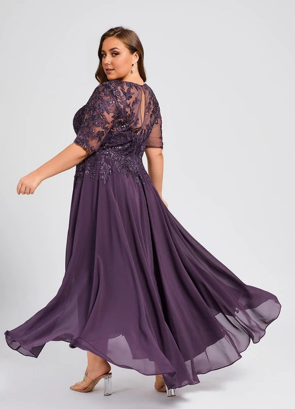 Elegant Plus Size Purple 1/2 Sleeve Lace Applique Asymmetrical Hem Mother Of The Bride Dress