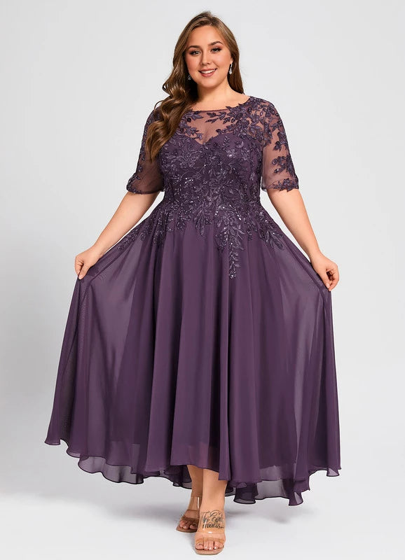 Elegant Plus Size Purple 1/2 Sleeve Lace Applique Asymmetrical Hem Mother Of The Bride Dress