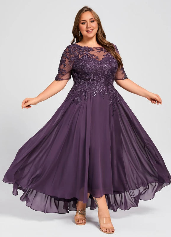 Elegant Plus Size Purple 1/2 Sleeve Lace Applique Asymmetrical Hem Mother Of The Bride Dress