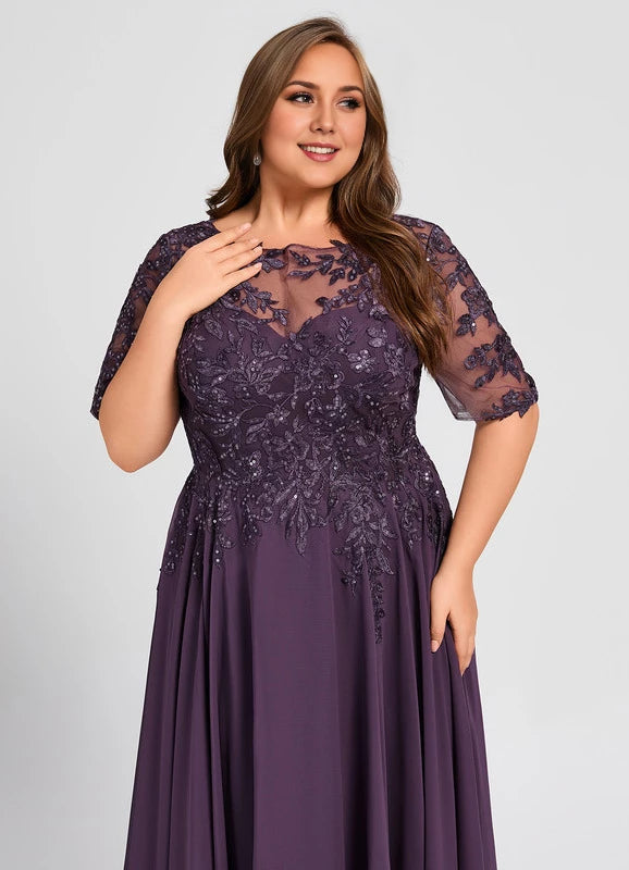 Elegant Plus Size Purple 1/2 Sleeve Lace Applique Asymmetrical Hem Mother Of The Bride Dress