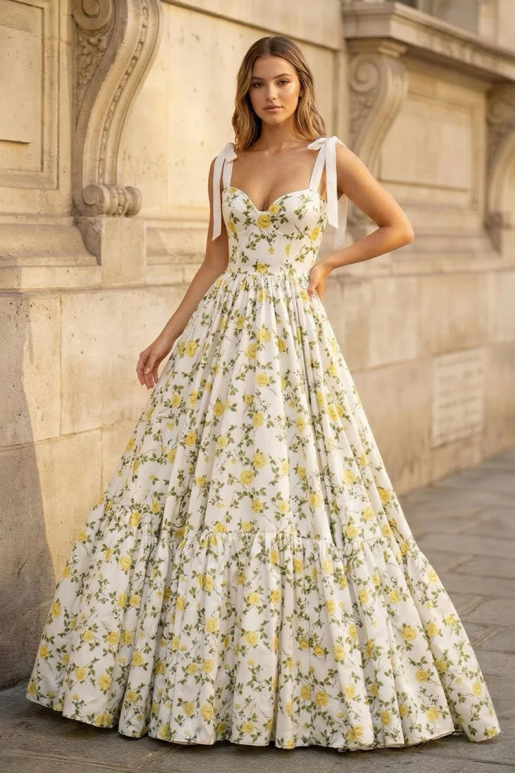 Elegant Romantic Fitted Ball Gown Tie Strap Sleeveless Back Lace-Up Floor-Length Ruffled Tiered Floral Print Prom Dresses