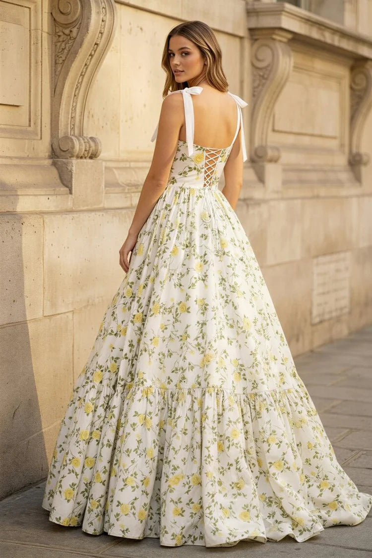 Elegant Romantic Fitted Ball Gown Tie Strap Sleeveless Back Lace-Up Floor-Length Ruffled Tiered Floral Print Prom Dresses