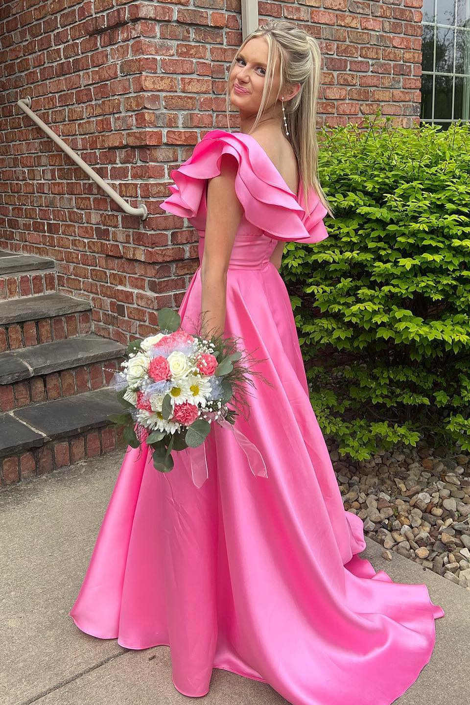 Elegant Satin A-Line One-Shoulder Ruffle-Sleeve Low-Back Floor Length Evening Dress