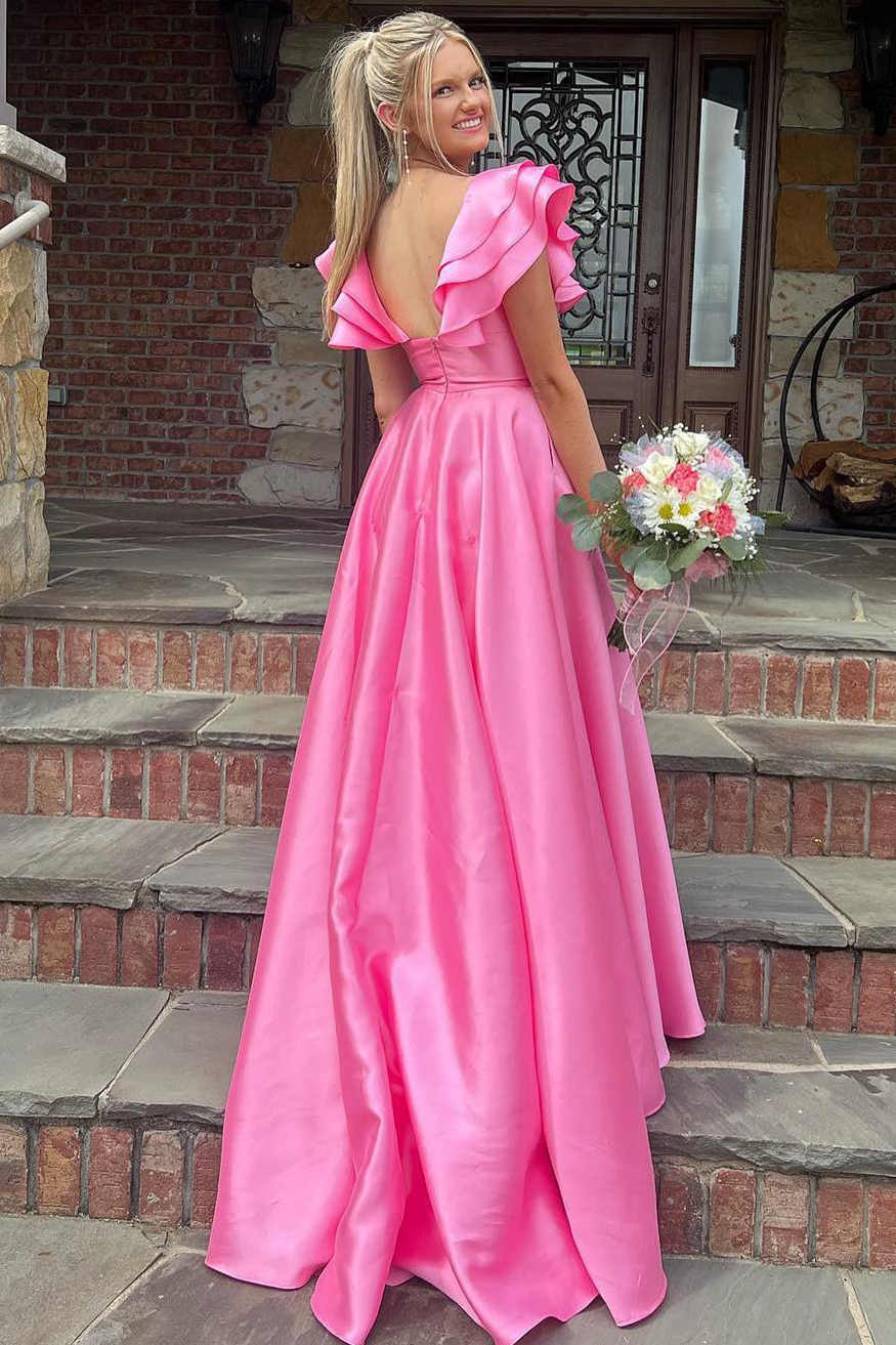 Elegant Satin A-Line One-Shoulder Ruffle-Sleeve Low-Back Floor Length Evening Dress