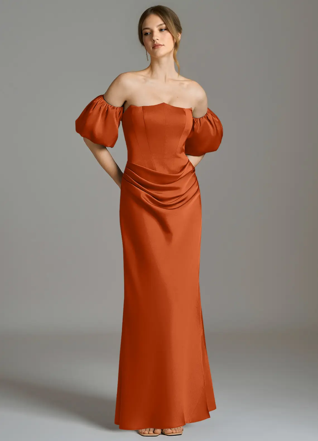 Rust Satin A-Line Off-the-Shoulder Floor-Length Bridesmaid Dress