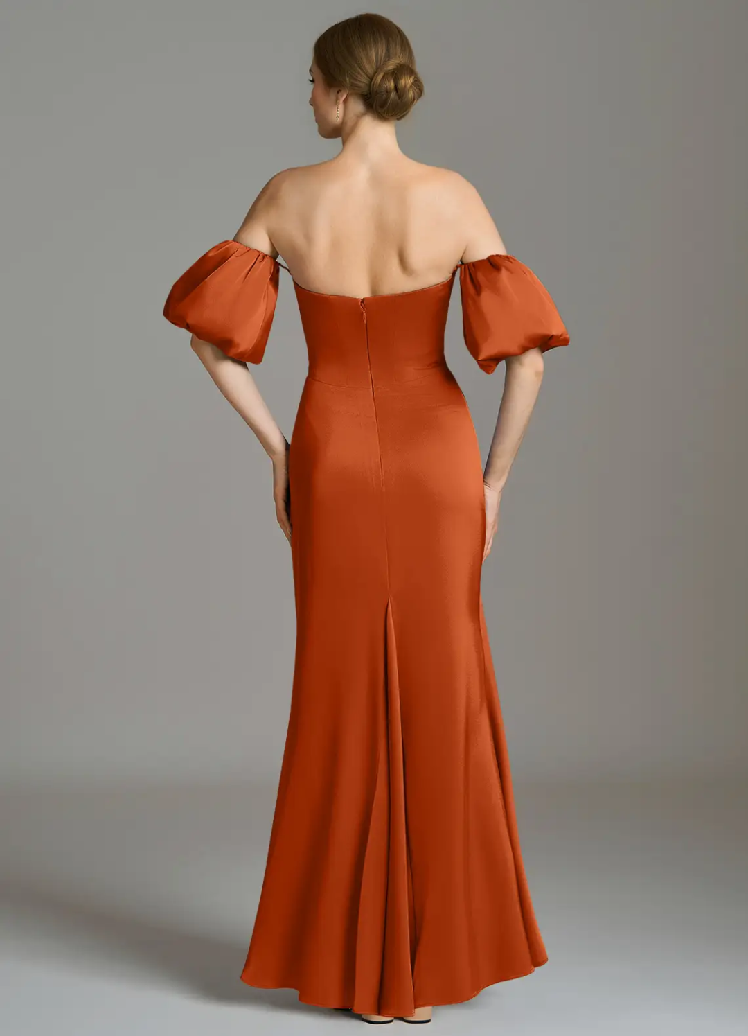 Rust Satin A-Line Off-the-Shoulder Floor-Length Bridesmaid Dress