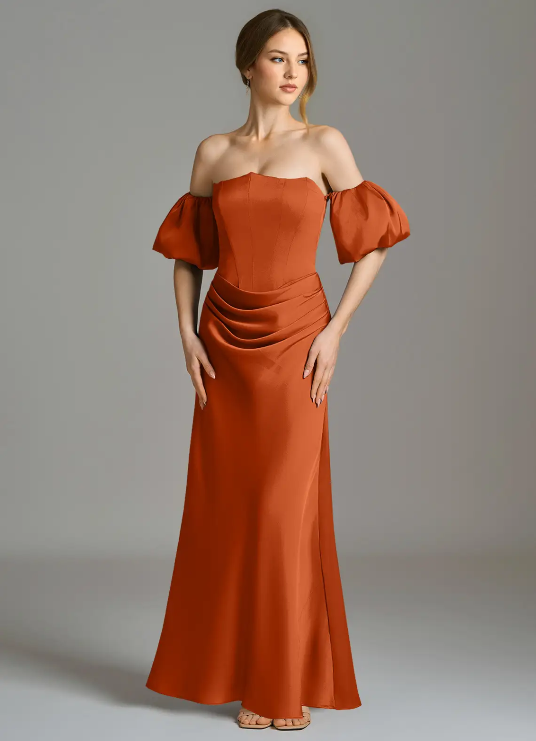 Rust Satin A-Line Off-the-Shoulder Floor-Length Bridesmaid Dress