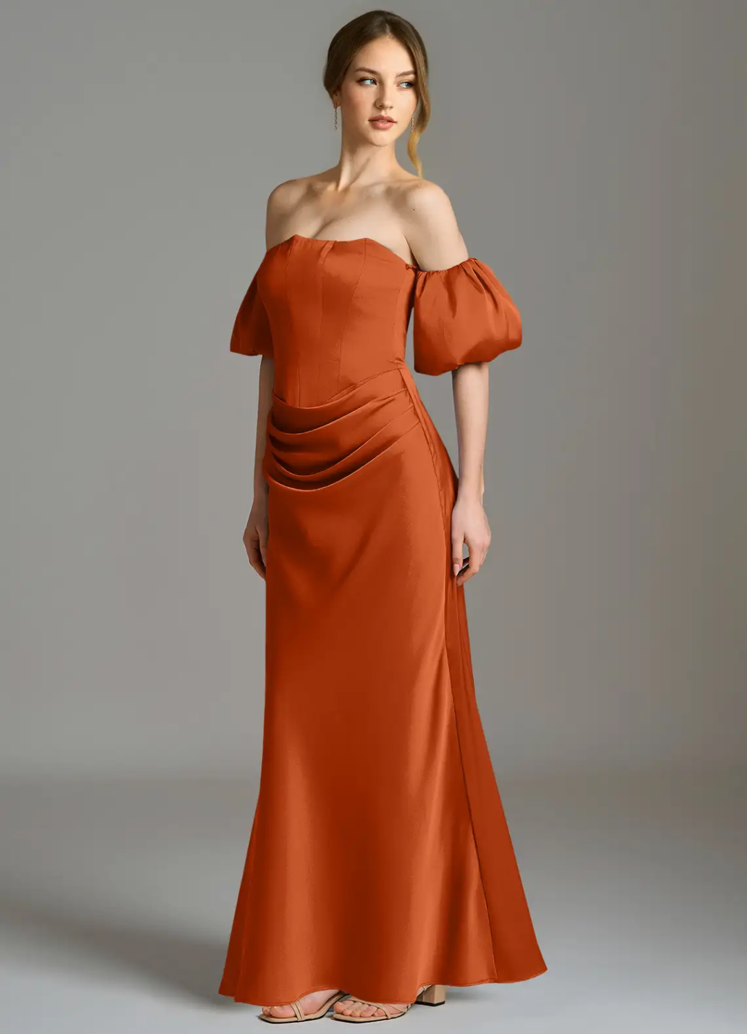 Rust Satin A-Line Off-the-Shoulder Floor-Length Bridesmaid Dress