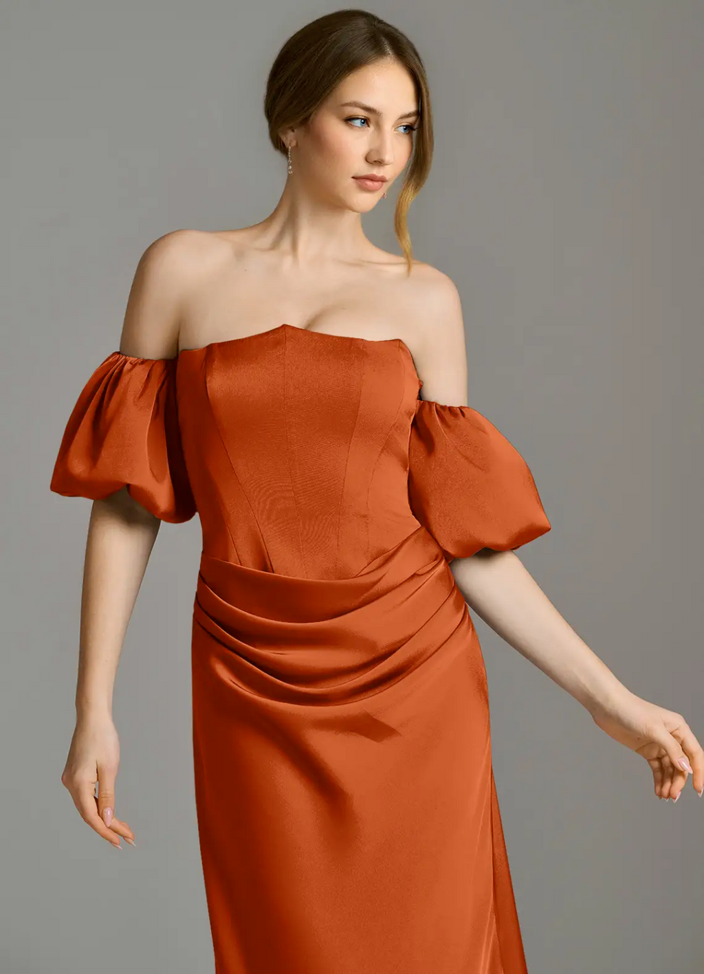 Rust Satin A-Line Off-the-Shoulder Floor-Length Bridesmaid Dress
