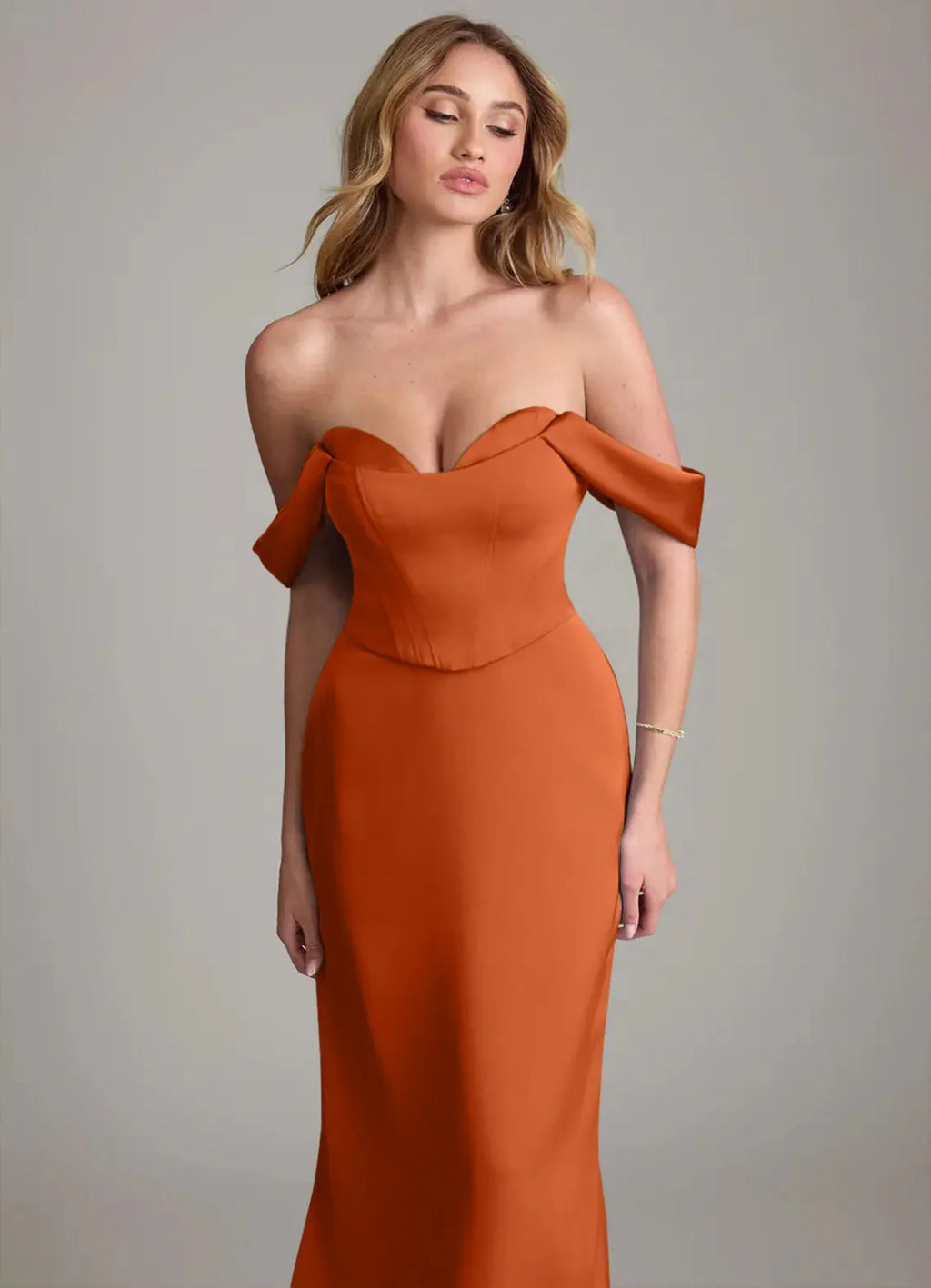 Terracotta Satin Sheath/column Off-the-Shoulder Sweetheart Floor-Length Bridesmaid & Wedding Guest Dress