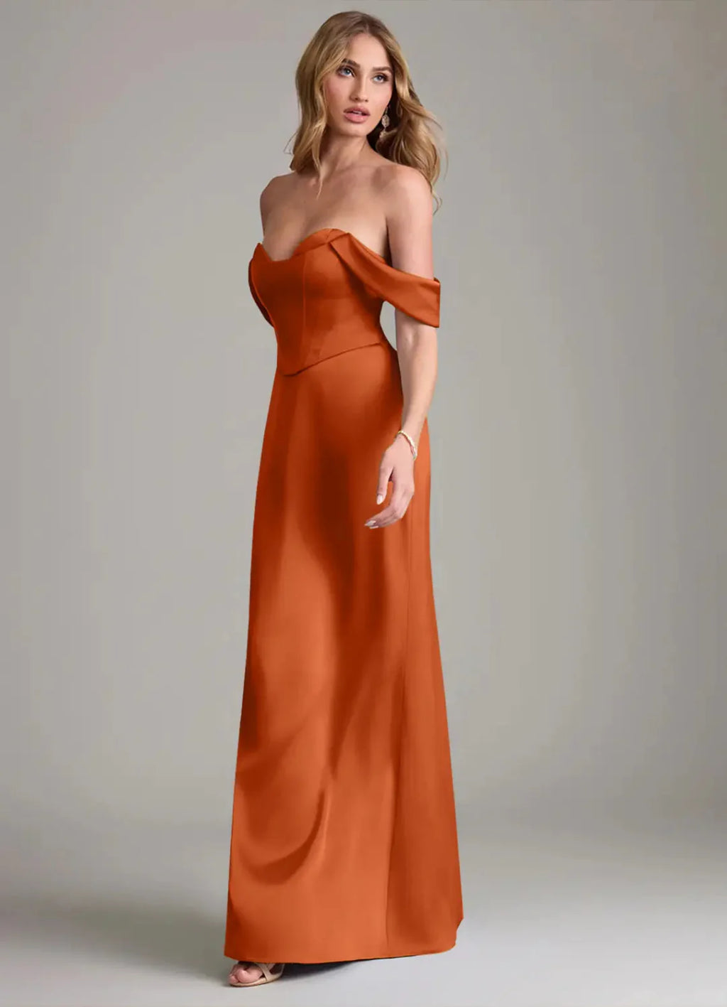 Terracotta Satin Sheath/column Off-the-Shoulder Sweetheart Floor-Length Bridesmaid & Wedding Guest Dress