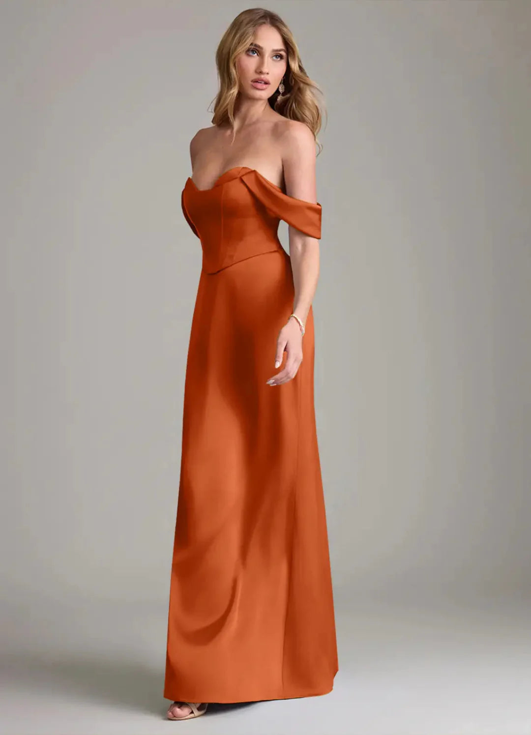 Terracotta Satin Sheath/column Off-the-Shoulder Sweetheart Floor-Length Bridesmaid & Wedding Guest Dress
