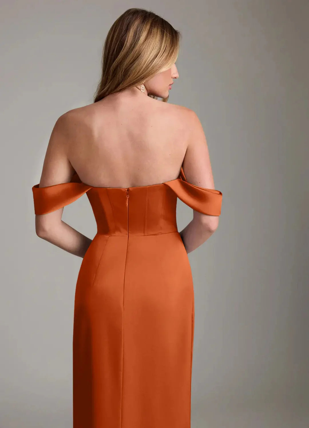 Terracotta Satin Sheath/column Off-the-Shoulder Sweetheart Floor-Length Bridesmaid & Wedding Guest Dress