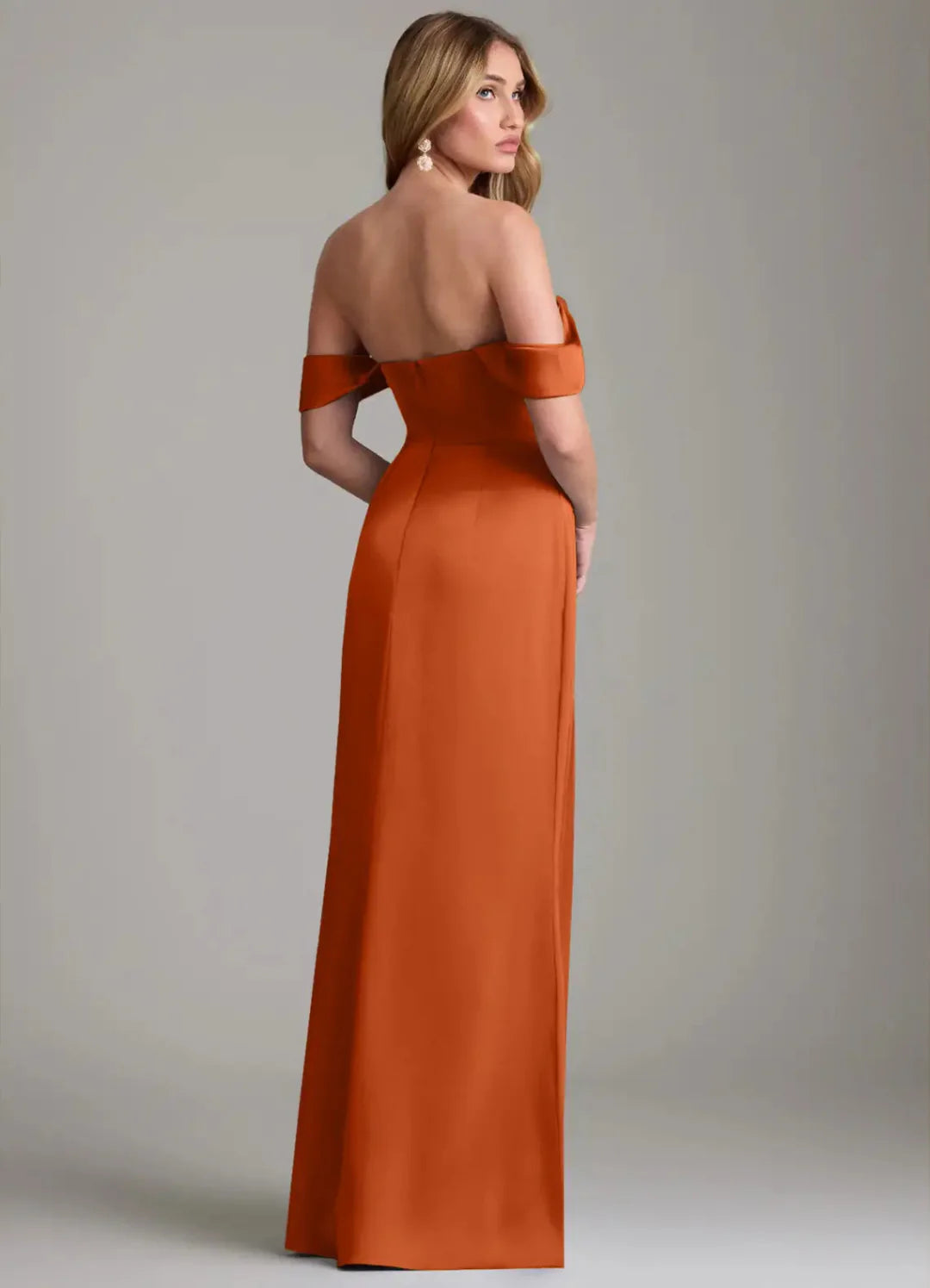 Terracotta Satin Sheath/column Off-the-Shoulder Sweetheart Floor-Length Bridesmaid & Wedding Guest Dress