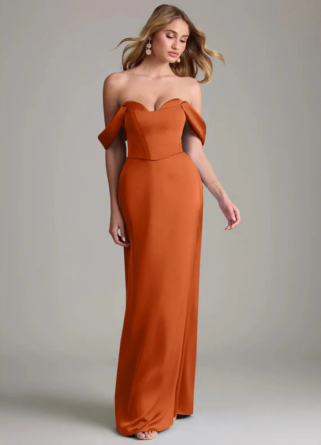 Terracotta Satin Sheath/column Off-the-Shoulder Sweetheart Floor-Length Bridesmaid & Wedding Guest Dress