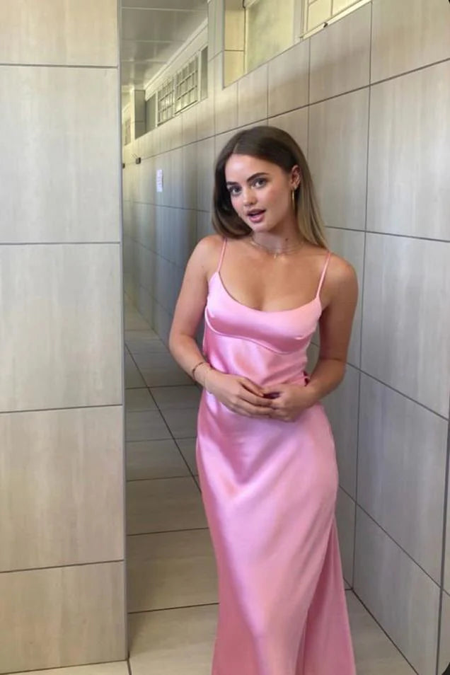 Pink Satin Sweetheart Sheath/column Floor-Length Dress with Open Back and Side Cut-outs