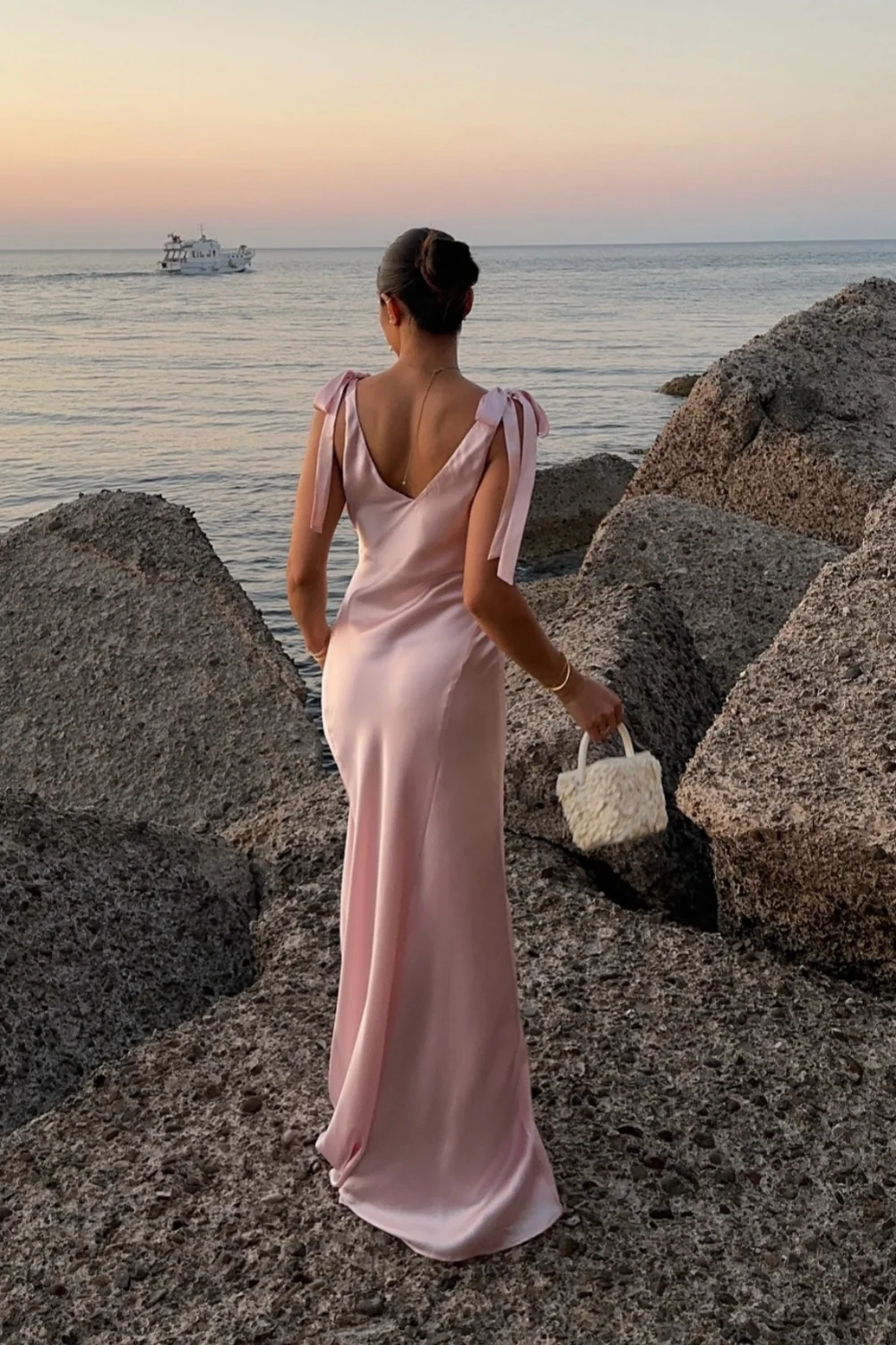 Elegant Satin Slip V-Neck Sleeveless Bow-Strap Open-Back Floor Length Evening Dress