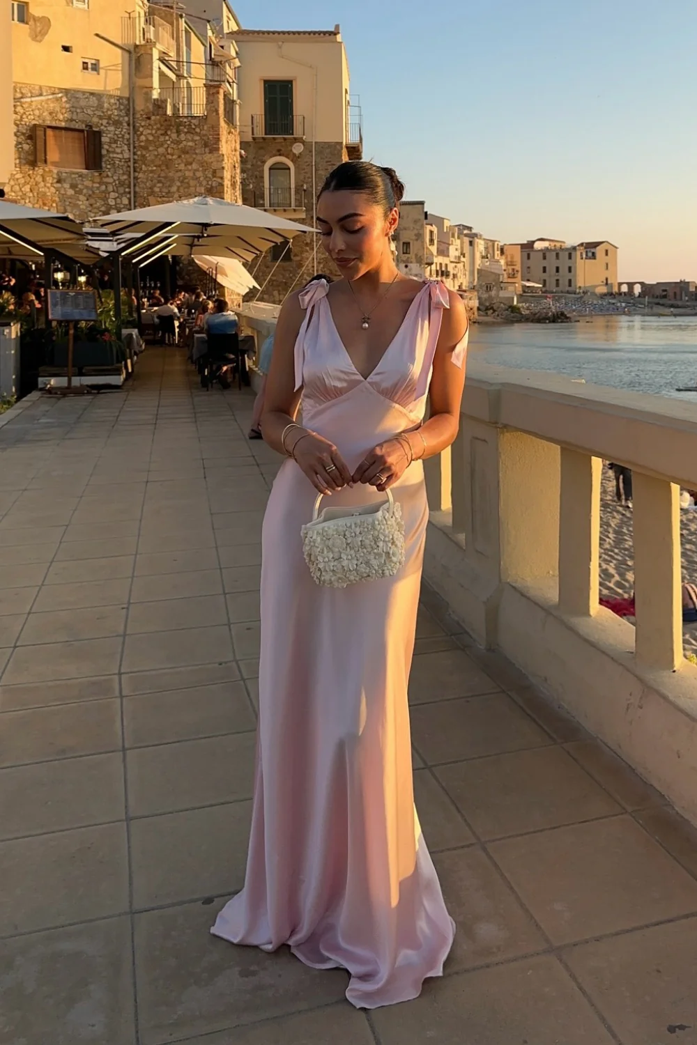 Elegant Satin Slip V-Neck Sleeveless Bow-Strap Open-Back Floor Length Evening Dress